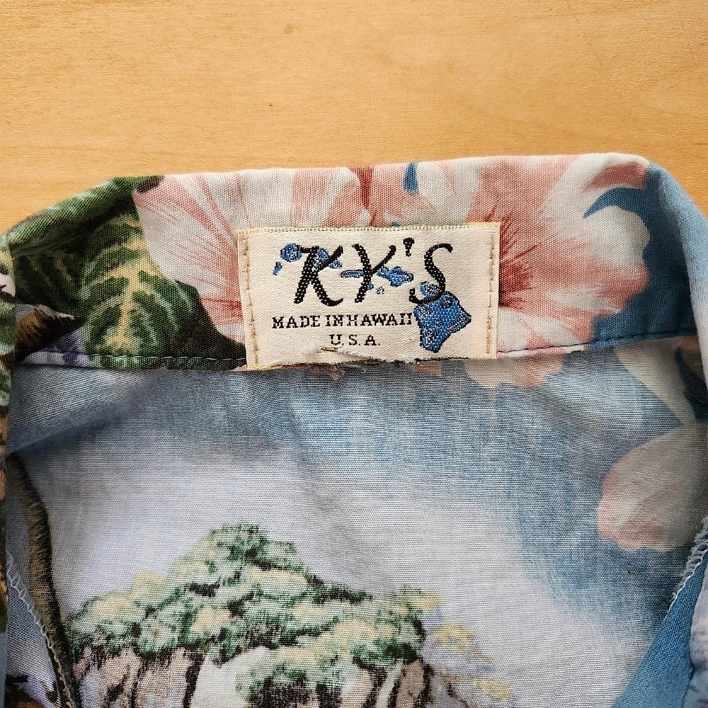 Vintage Hawaiian Shirt Floral  blue waves sailboat‎ Summer Tropical Kys Mens M - Picture 4 of 6